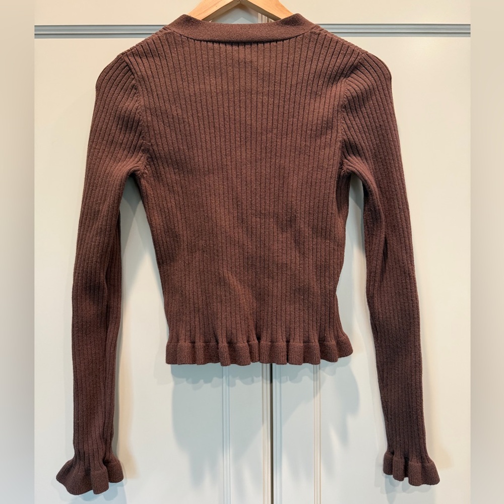 Brown Ribbed Button Cardigan Sweater - Picture 2 of 3